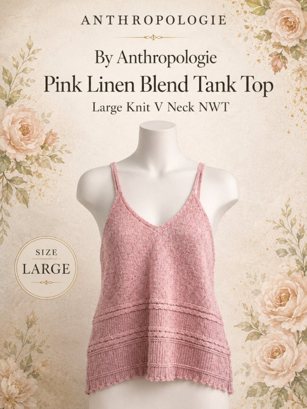 Anthropologie Pink Linen Blend Knit Tank – Size Large – New With Tags